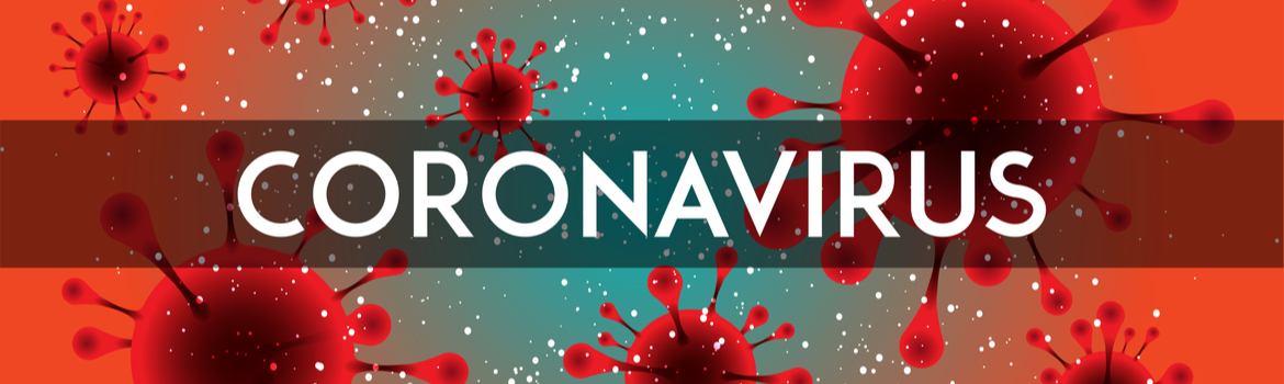 Coronavirus - Graphis with the word "CORONAVIRUS" in white letters over a scientific background with red and small germ images.
